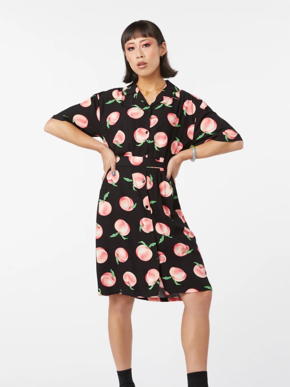 Dangerfield Black Peach-Print Tie-Waist Mini Dress Sz 6